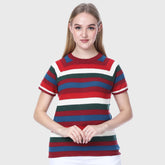 Women’s Striped Casual T-Shirt - Multi-Color Horizontal Stripe Pattern