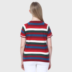 Women’s Striped Casual T-Shirt - Multi-Color Horizontal Stripe Pattern