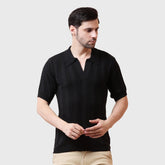 Men’s Black Polo T-Shirt -Organic Cotton Knit -Breathable Fabric- Buttonless Collar