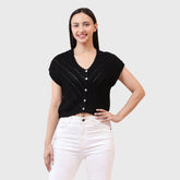 Women’s Short Sleeve Front Button Casual Wear V-Neck Knit Top