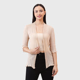 Women's Ribbed Stylish Cotton Blend Shrug - Open-Front Three-Quarter Sleeve Outerwear