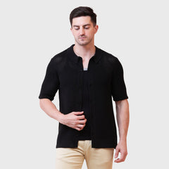 Men's Button-Down Knitted Shirt- Short Sleeve Textured Casual Shirt with Collar