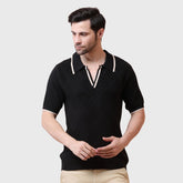 Men's Textured Knit Two-Color Polo Shirt with Contrast Collar, Short Sleeves