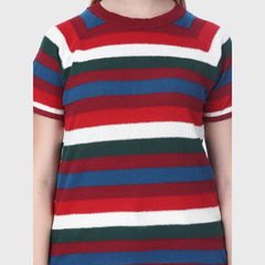 Women’s Striped Casual T-Shirt - Multi-Color Horizontal Stripe Pattern
