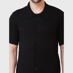 Men’s Ribbed Knit Half Sleeve Shirt-Button-Down Polo Shirt -Soft Stretch Fabric