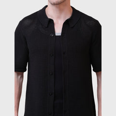 Men's Button-Down Knitted Shirt- Short Sleeve Textured Casual Shirt with Collar