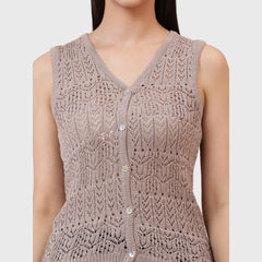 Women’s Sleeveless V-Neck Casual Front Open Crochet Style Buttoned Top