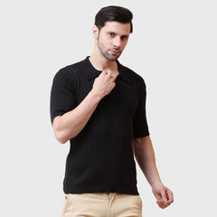 Men’s Black Polo T-Shirt -Organic Cotton Knit -Breathable Fabric- Buttonless Collar