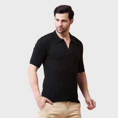Men’s Black Polo T-Shirt -Organic Cotton Knit -Breathable Fabric- Buttonless Collar
