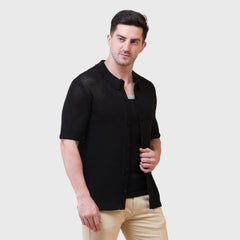 Men's Button-Down Knitted Shirt- Short Sleeve Textured Casual Shirt with Collar