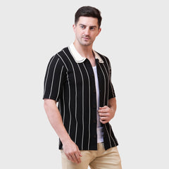 Cotton Half Sleeve Vertical Striped Shirt for Summer Beach Casual Wear Collared Shirt