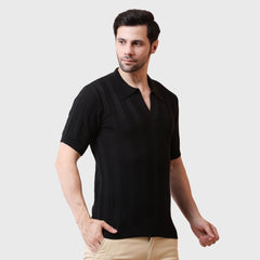 Men’s Black Polo T-Shirt -Organic Cotton Knit -Breathable Fabric- Buttonless Collar