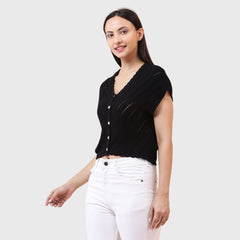 Women’s Short Sleeve Front Button Casual Wear V-Neck Knit Top