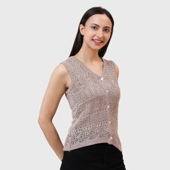 Women’s Sleeveless V-Neck Casual Front Open Crochet Style Buttoned Top