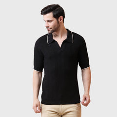 Textured Knit Polo Shirt with Contrast Collar, Short Sleeves