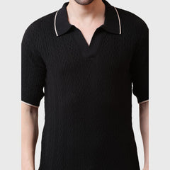 Textured Knit Polo Shirt with Contrast Collar, Short Sleeves