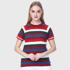 Women’s Striped Casual T-Shirt - Multi-Color Horizontal Stripe Pattern