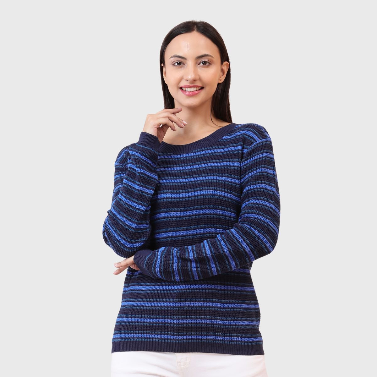 Women's Round Neck Full Sleeve Striped Sweater - Winter Wear Warm Knitted Casual Pullover