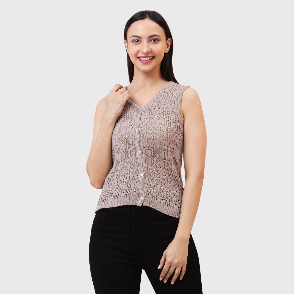 Women’s Sleeveless V-Neck Casual Front Open Crochet Style Buttoned Top