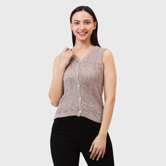 Women’s Sleeveless V-Neck Casual Front Open Crochet Style Buttoned Top