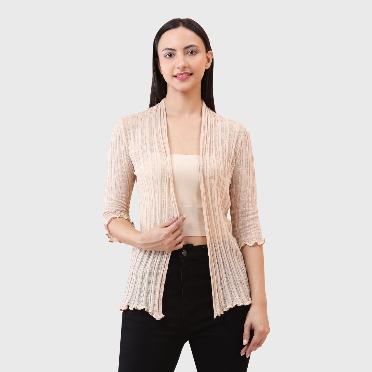 Women's Ribbed Stylish Cotton Blend Shrug - Open-Front Three-Quarter Sleeve Outerwear