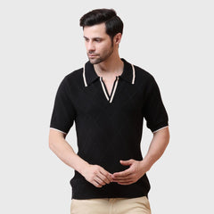 Men's Textured Knit Two-Color Polo Shirt with Contrast Collar, Short Sleeves