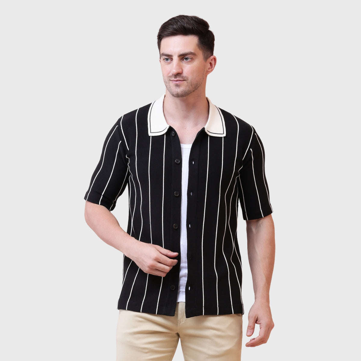 Cotton Half Sleeve Vertical Striped Shirt for Summer Beach Casual Wear Collared Shirt