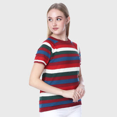 Women’s Striped Casual T-Shirt - Multi-Color Horizontal Stripe Pattern