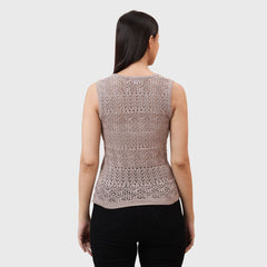Women’s Sleeveless V-Neck Casual Front Open Crochet Style Buttoned Top