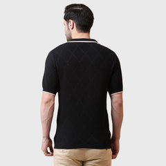 Men's Textured Knit Two-Color Polo Shirt with Contrast Collar, Short Sleeves