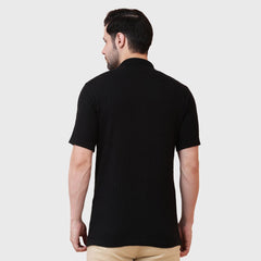 Men’s Ribbed Knit Half Sleeve Shirt-Button-Down Polo Shirt -Soft Stretch Fabric