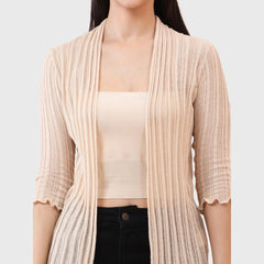 Women's Ribbed Stylish Cotton Blend Shrug - Open-Front Three-Quarter Sleeve Outerwear