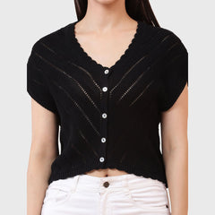 Women’s Short Sleeve Front Button Casual Wear V-Neck Knit Top