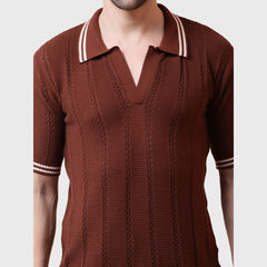 Men's Textured Knit Polo Shirt with Contrast Collar, Short Sleeves, and Modern Fit