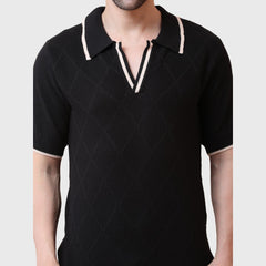 Men's Textured Knit Two-Color Polo Shirt with Contrast Collar, Short Sleeves