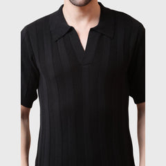 Men’s Black Polo T-Shirt -Organic Cotton Knit -Breathable Fabric- Buttonless Collar
