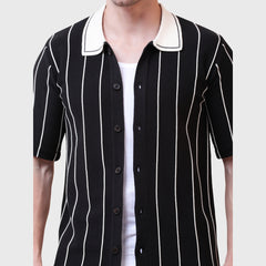 Cotton Half Sleeve Vertical Striped Shirt for Summer Beach Casual Wear Collared Shirt