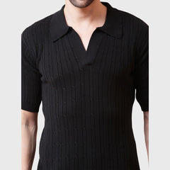 Men’s Black Polo T-Shirt -Organic Cotton Knit -Breathable Fabric- Buttonless Collar