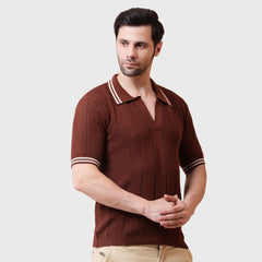 Men's Textured Knit Polo Shirt with Contrast Collar, Short Sleeves, and Modern Fit