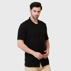 Men’s Ribbed Knit Half Sleeve Shirt-Button-Down Polo Shirt -Soft Stretch Fabric