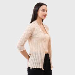 Women's Ribbed Stylish Cotton Blend Shrug - Open-Front Three-Quarter Sleeve Outerwear