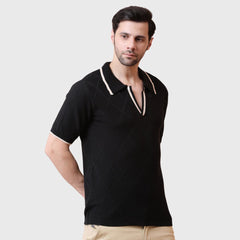 Men's Textured Knit Two-Color Polo Shirt with Contrast Collar, Short Sleeves