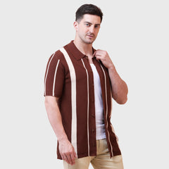 Men's Half Sleeve Button Down Polo Shirt-Vertical Striped Casual Shirt for Men- Soft and Breathable