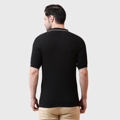 Textured Knit Polo Shirt with Contrast Collar, Short Sleeves