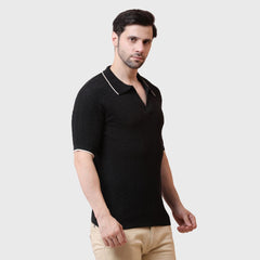 Textured Knit Polo Shirt with Contrast Collar, Short Sleeves