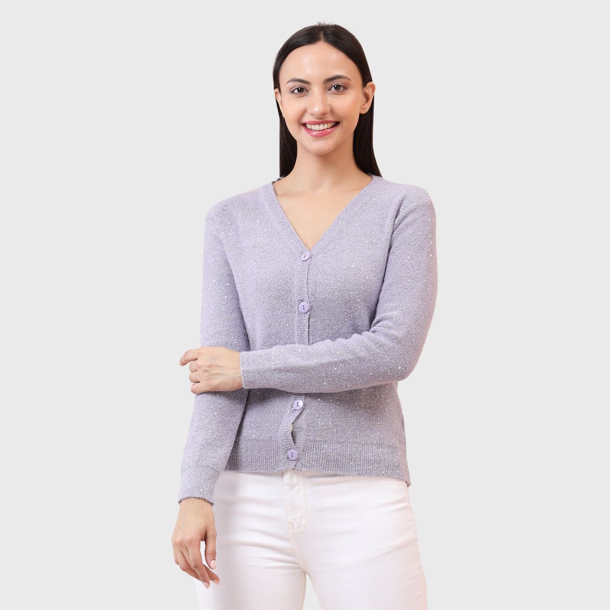 Women's V-Neck Full Sleeve Buttoned Cardigan - Stylish Light Knitwear