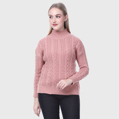 Women's High Neck Cable Knit Pullover Sweater- Full Sleeve Winter Wear
