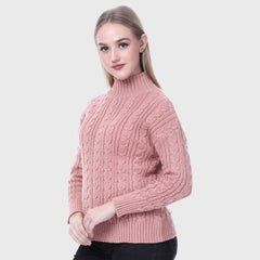 Women's High Neck Cable Knit Pullover Sweater- Full Sleeve Winter Wear