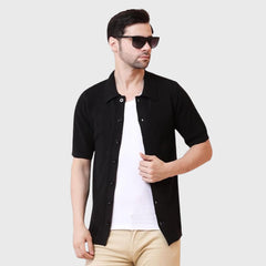 Men’s Textured Knitted Button-Down Polo Shirt Short Sleeve Summer Casual Shirt